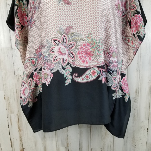 Jacqueline Riu Womens Top 2 38-40 Black Pink Floral Silky Y17 - Picture 4 of 6